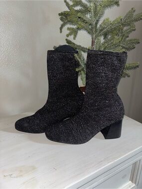 Beston Black Glitter Metallic Knit Sock Boots Block Heel Round Toe Sz 9